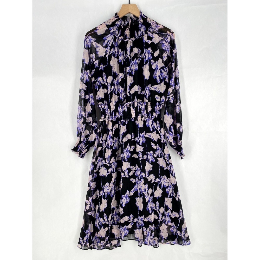 Anthropologie O.P.T. Midi Dress Womens Medium Purple‎ Black Floral Smocked Waist